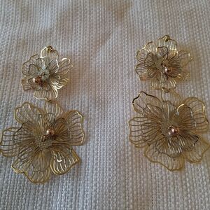 Large Gold Tone Floral Filigree Drop Earrings